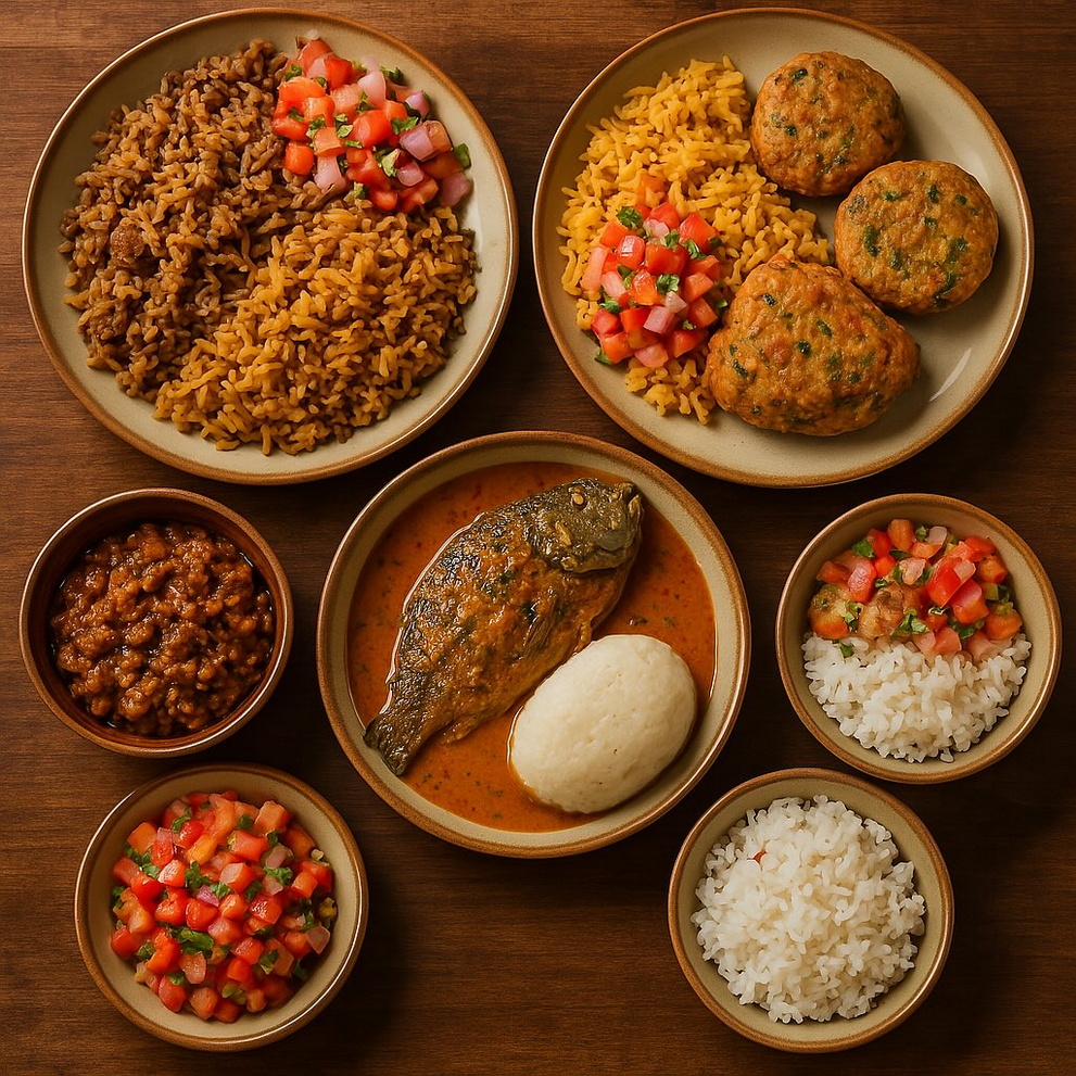seven African dishes of various sides with a plate of fried whole fish in the center