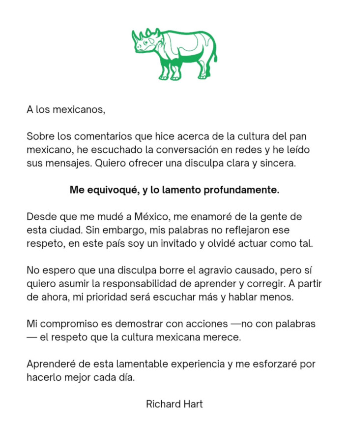 Apology from Richard Hart via @greenrhino_mx/Instagram.