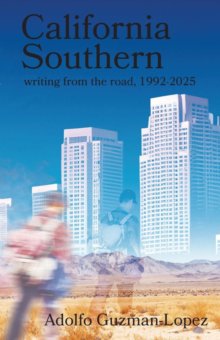 a book cover showing faint skyscrapers and two travelers with backpacks walking across the desert