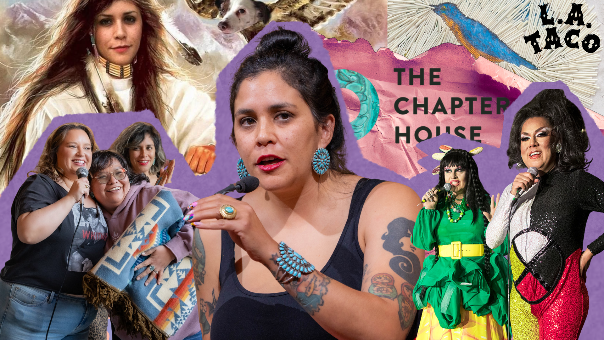a collage featuring women, drag queens, and Indigenous art. a woman speaking into a microphone is the central focus. it is a colorful collage with bright purples, blues, red, yellow, and green