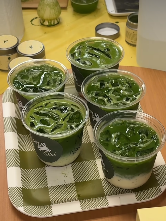 five match lattes on a tray