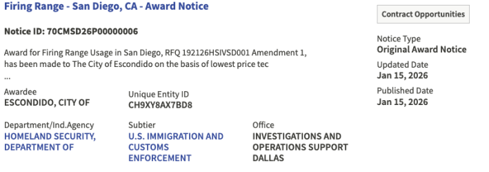 a screenshot showing an award for Firing Range usage in San Diego, specifically Escondido