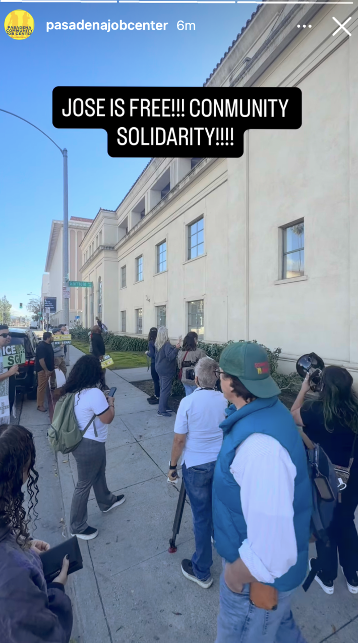 people gather outside of a building. the caption reads "Jose is free!!! Community solidarity!!!!"