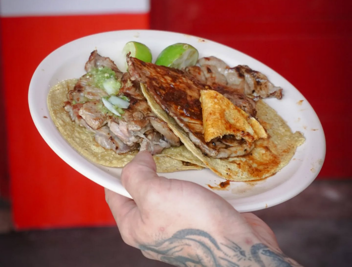 A hand in a plastic glove holds a plate with two tacos bearing big slabs of beef