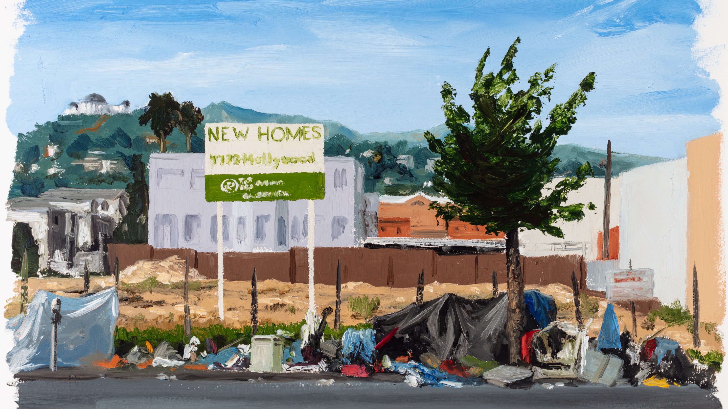 A painting of a Los Angeles street showing makeshift tents, a "New Homes" sign, and Griffith Observatory in the background