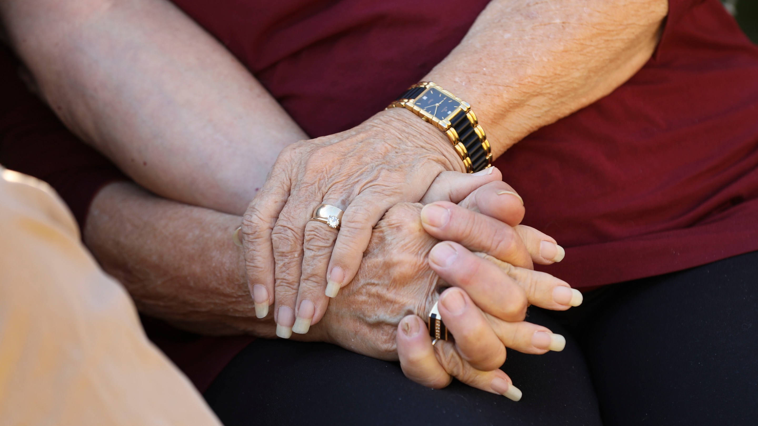 Ron and Darlene De Luco hold hands on February 9th, 2026 in Pasadena, CA. Photograph by Carin Dorghalli for L.A. TACO.