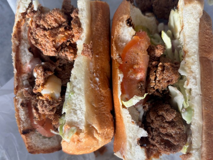 two shrimp poboy sandwiches