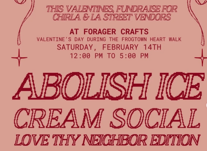 A flyer for the Abolish ice Cream Social Love Thy neighbor Edition in red writing on a pink background