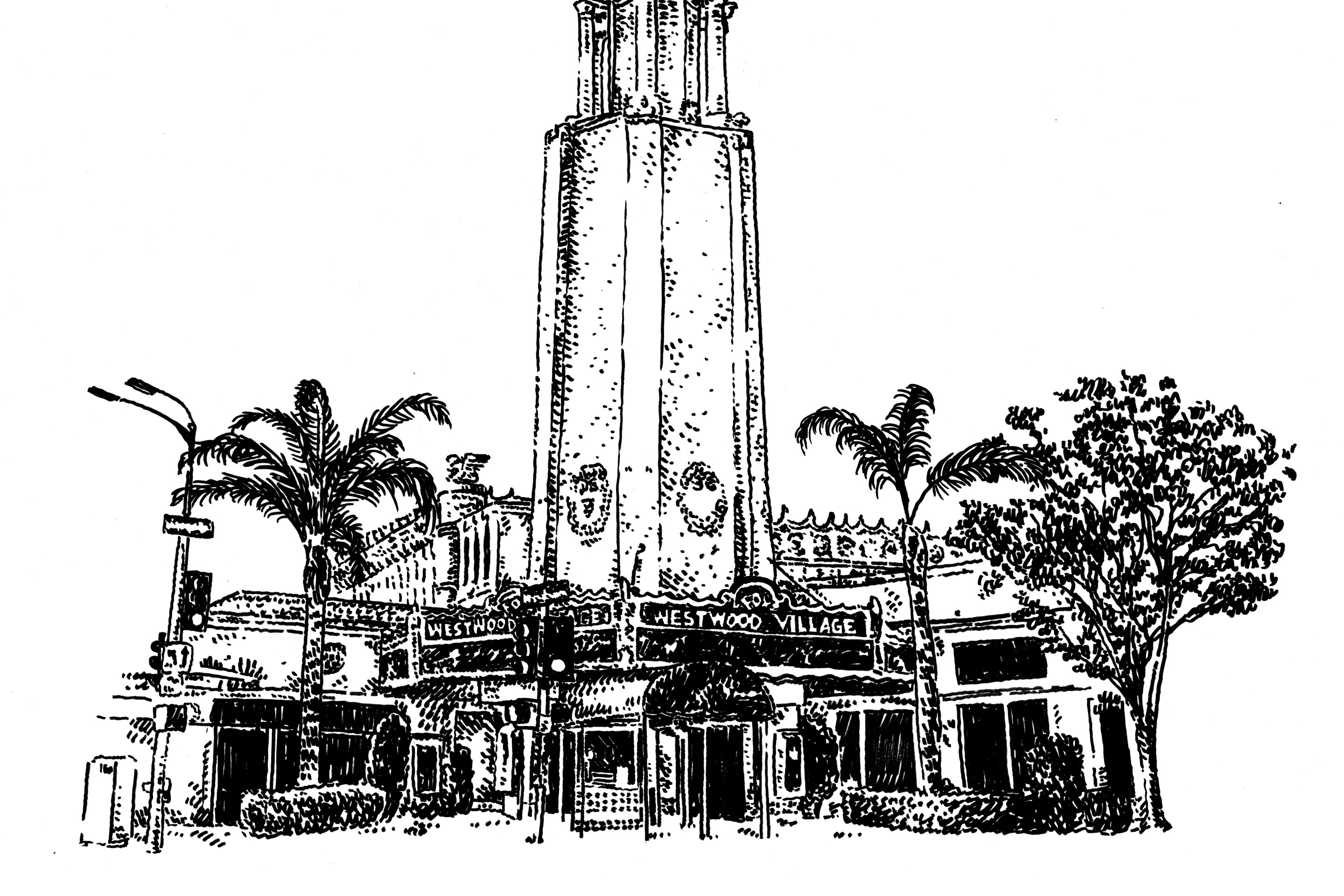 An Illustration of Fox Theater in Westwood with its tall tower and marquee