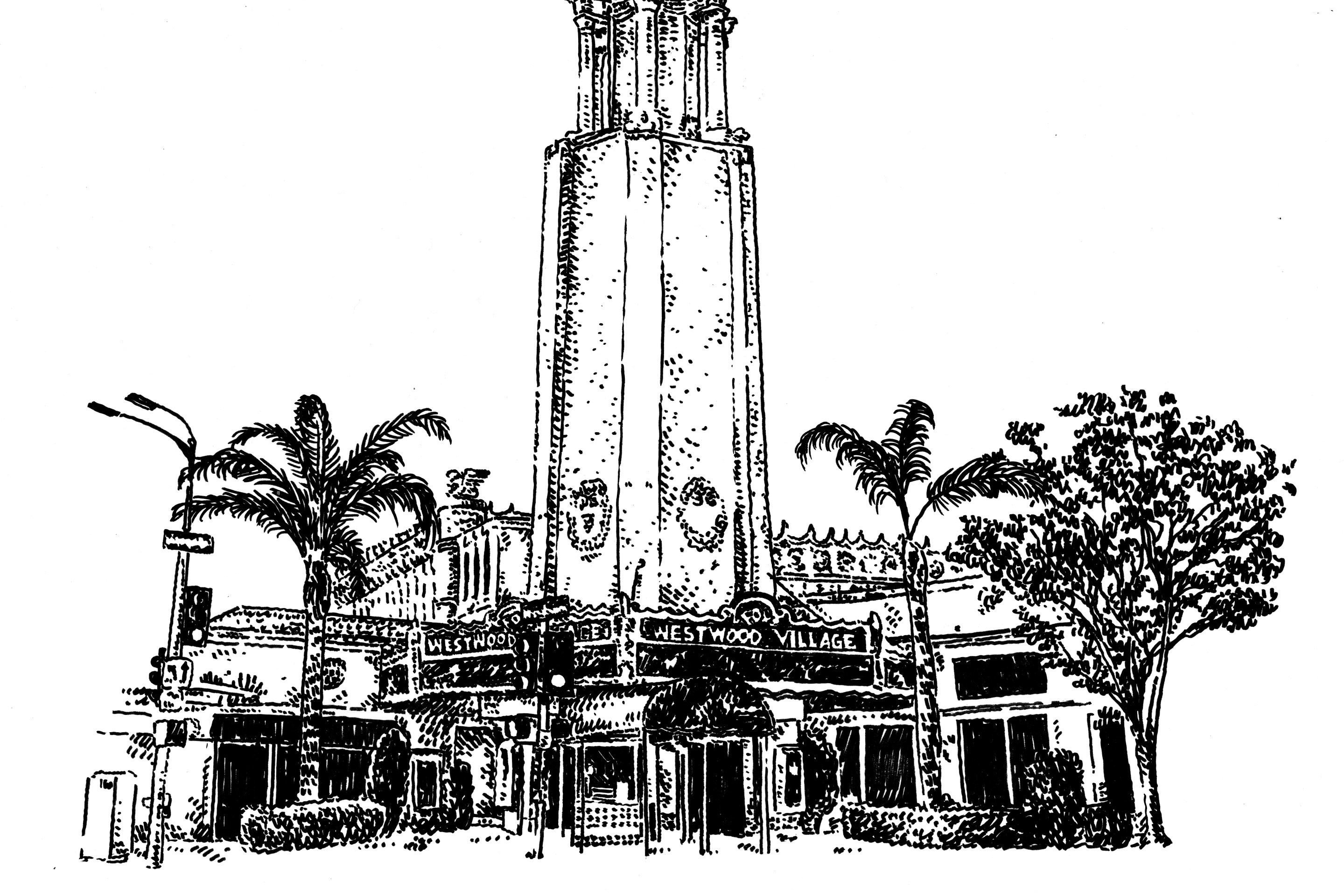 An Illustration of Fox Theater in Westwood with its tall tower and marquee