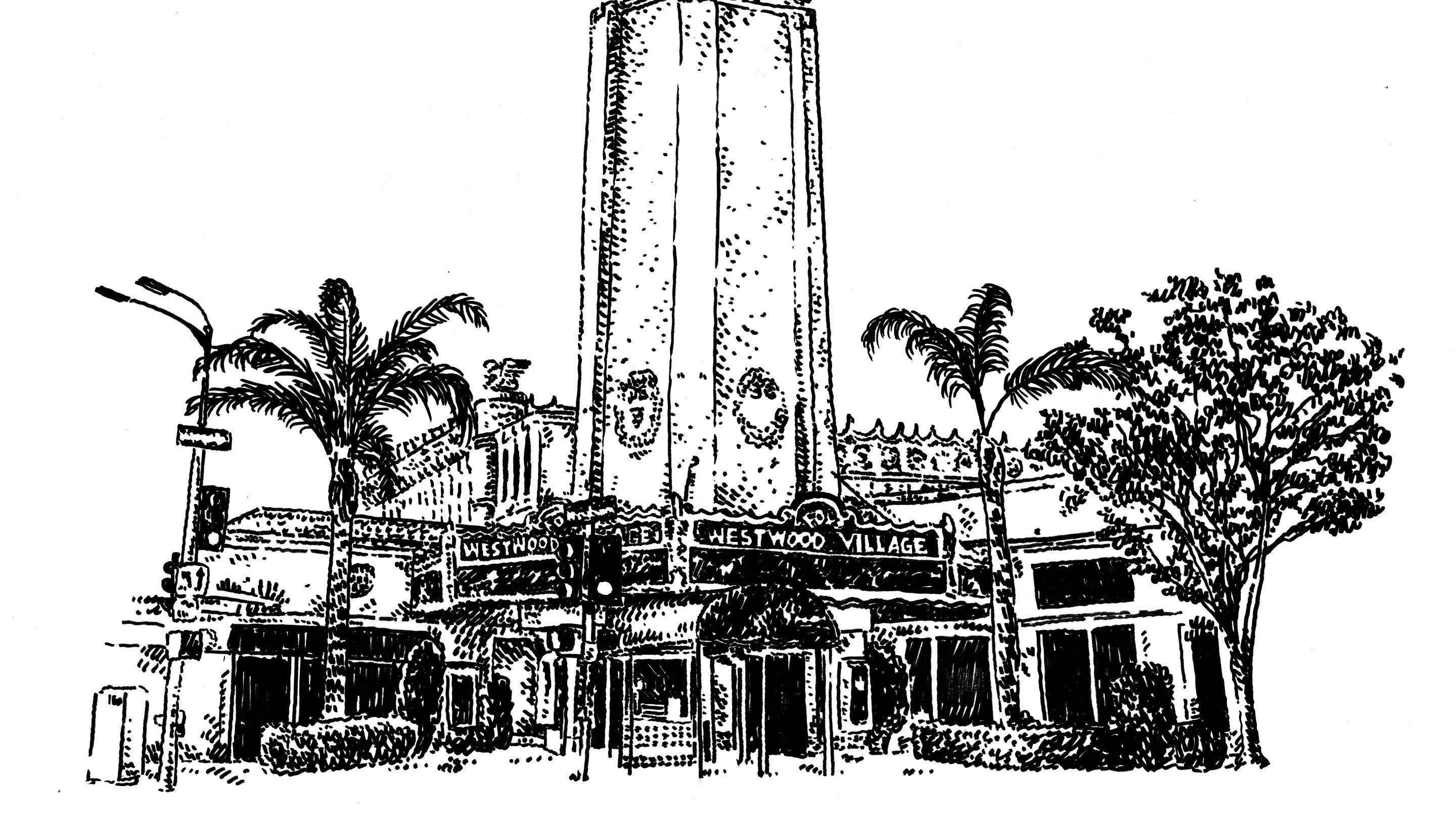 An Illustration of Fox Theater in Westwood with its tall tower and marquee