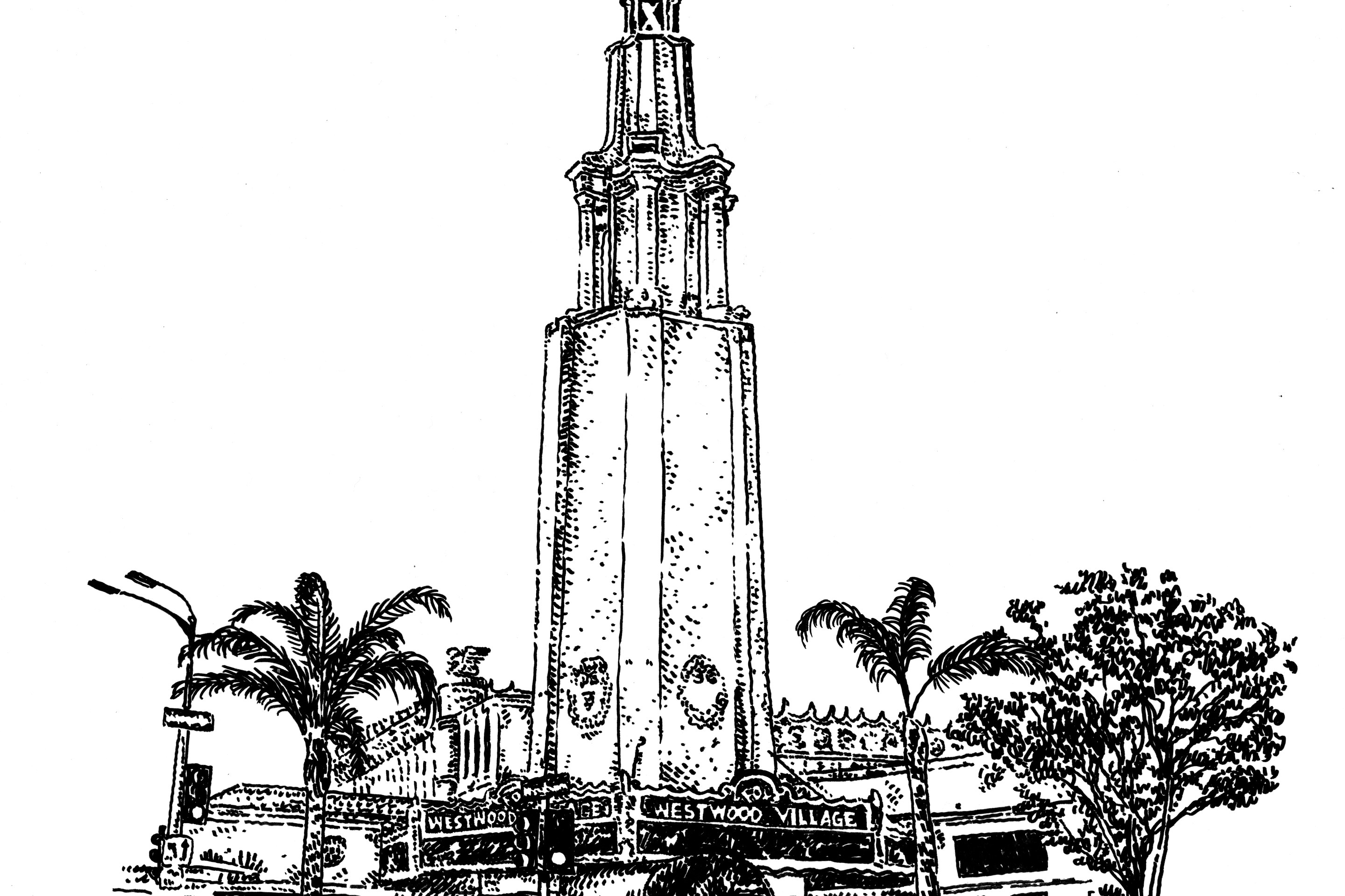 An Illustration of Fox Theater in Westwood with its tall tower and marquee