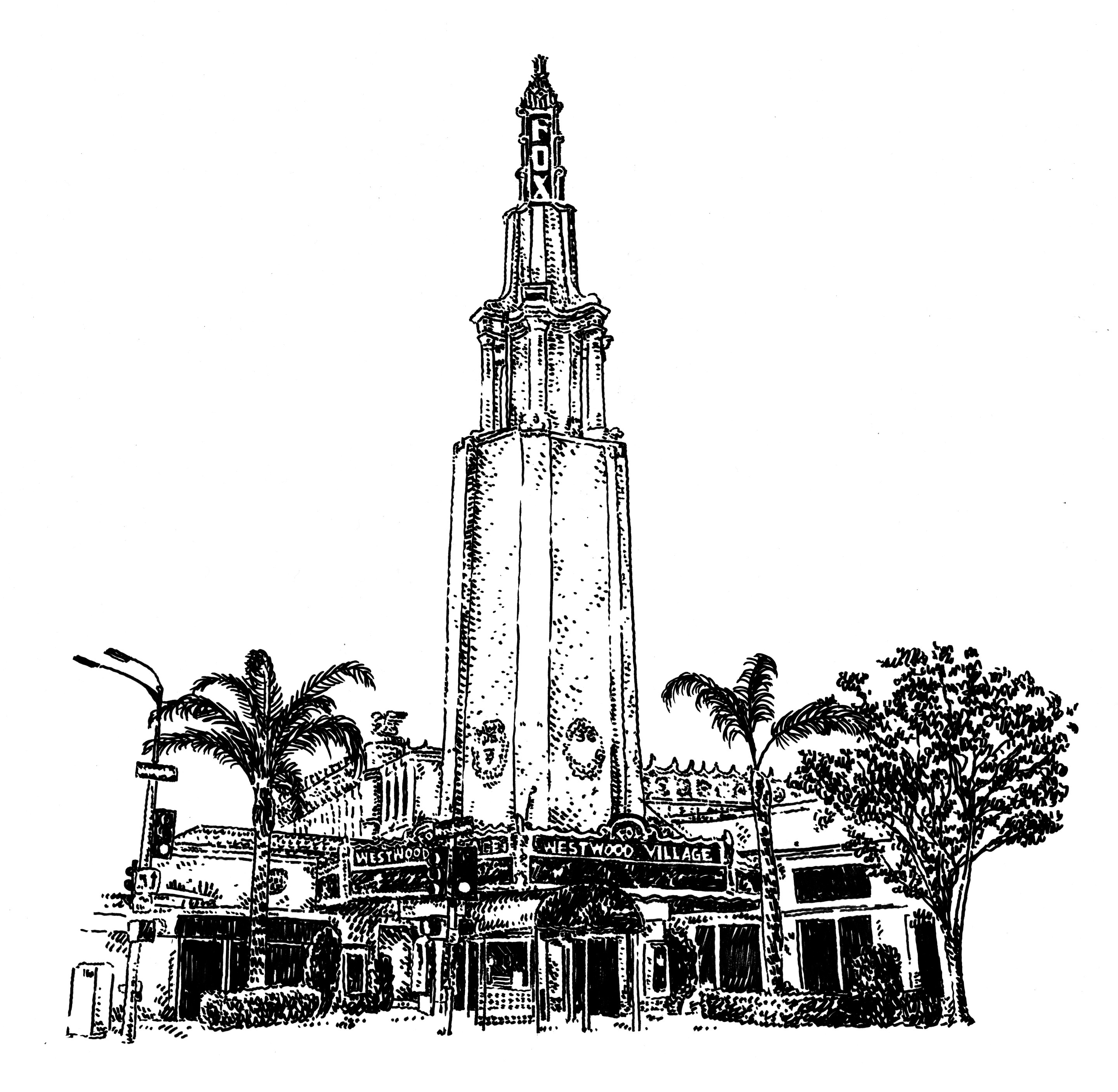 An Illustration of Fox Theater in Westwood with its tall tower and marquee