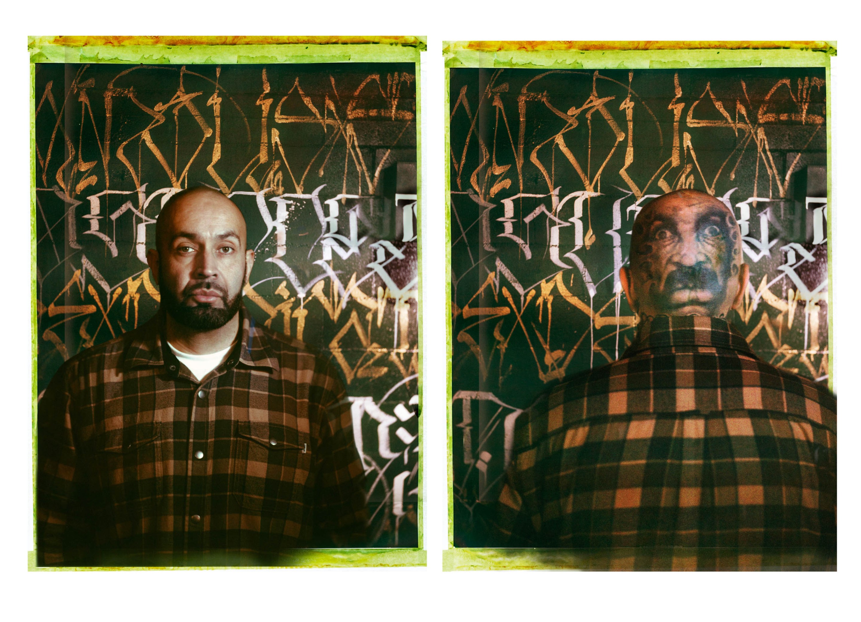 a man in a flannel (left), the same man with his back turned, showing his back-of-head tattoo which is a man's face (right)