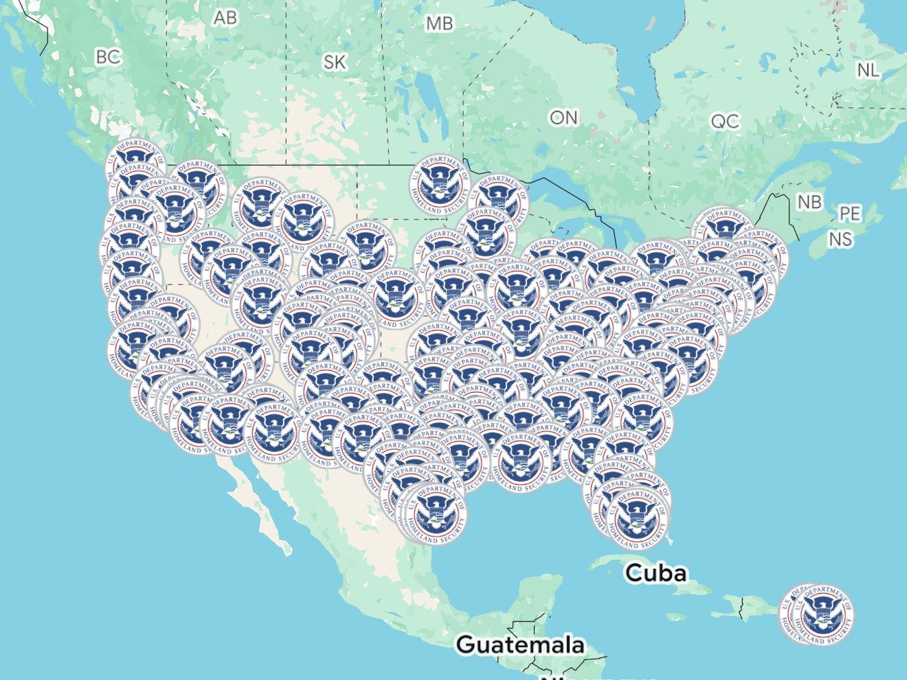 a map with Homeland Security logos marking holding facilities in the U.S.