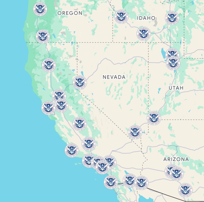 a map with Homeland Security logos marking holding facilities in the western U.S.