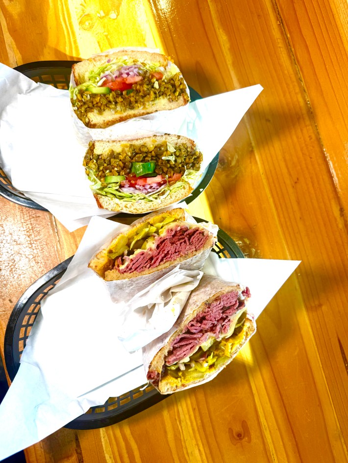 A lentil sandwich (top) and pastrami (bottom) at The Brick Deli in Pomona.