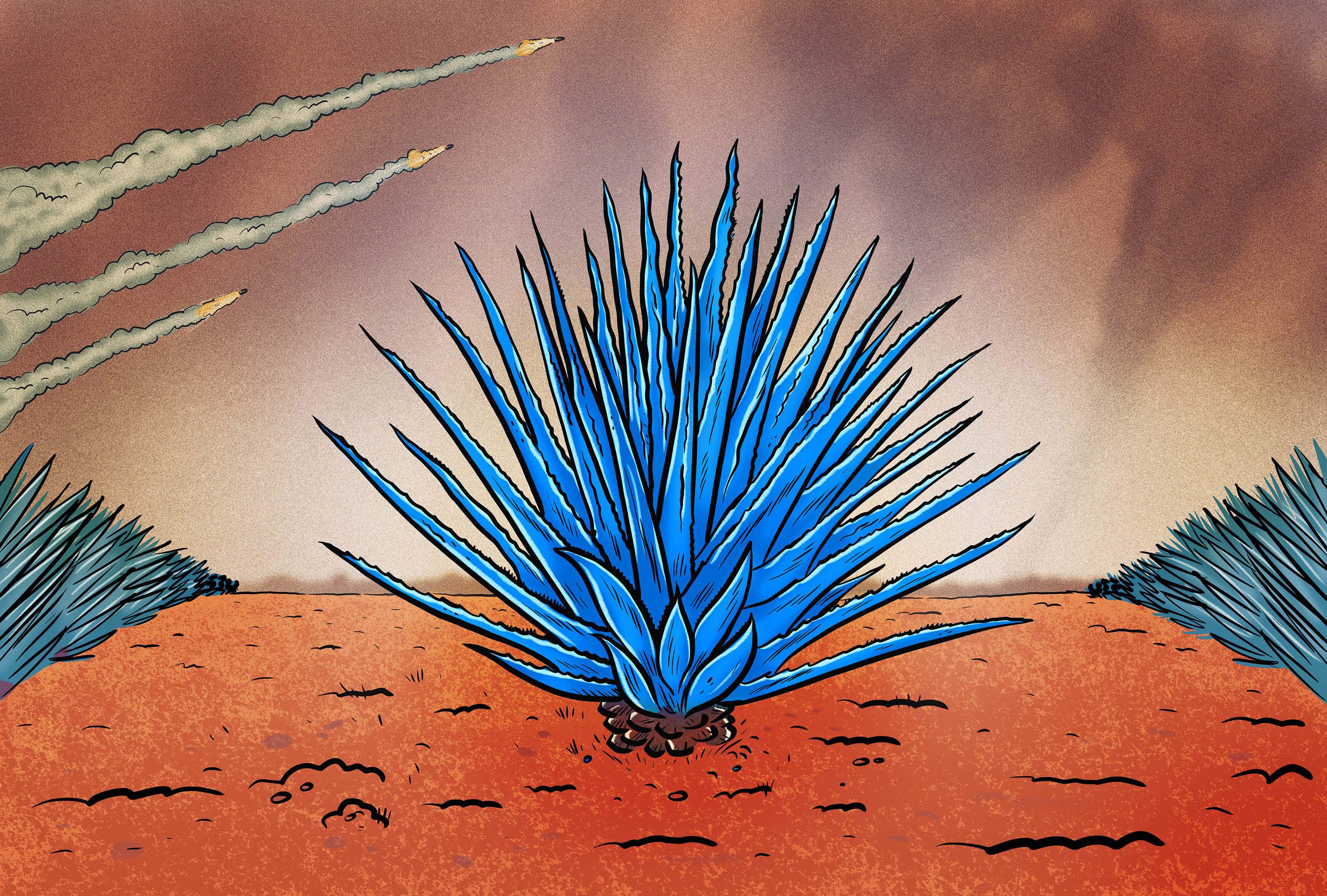an agave plant on a desert with missiles flying in the back