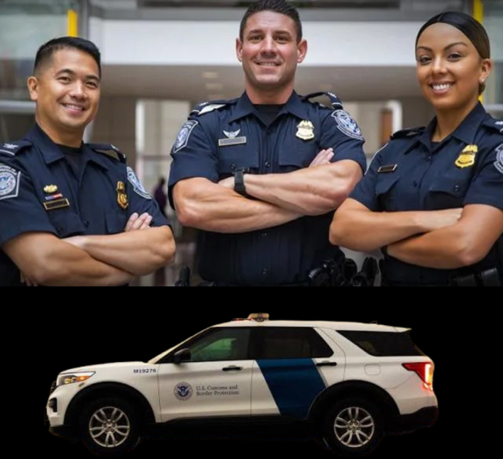 Three U.S. Customs and Border Patrol agents posing in their navy blue uniform and their vehicle.