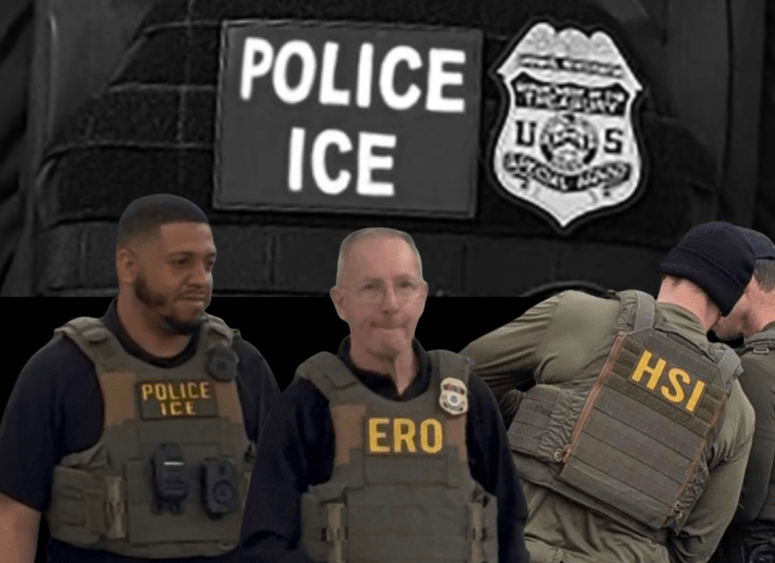 ICE agents and their vest insignias from ICE, ERO, and HSI