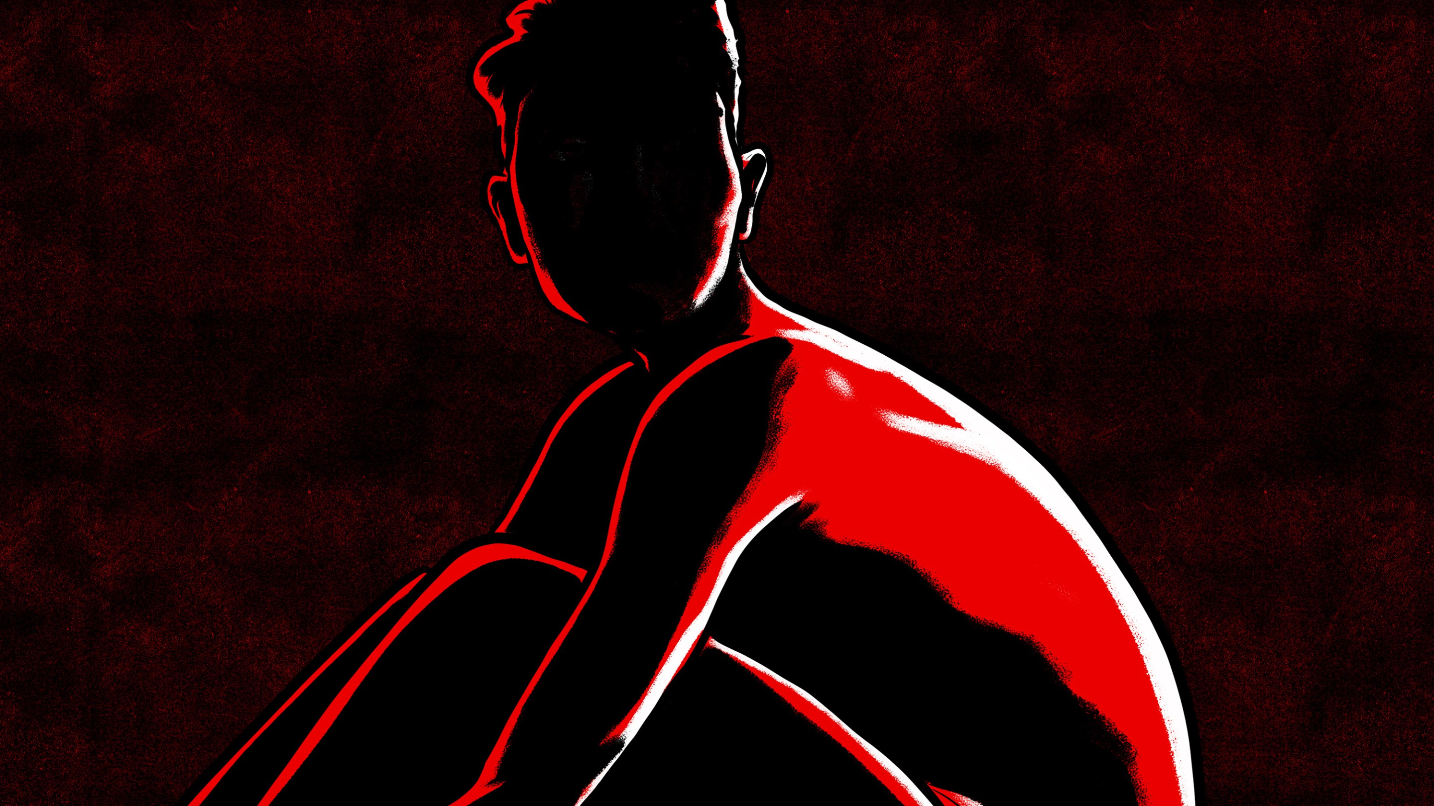 a drawing of a survivor of rape/domestic violence sitting with their chest to their knees