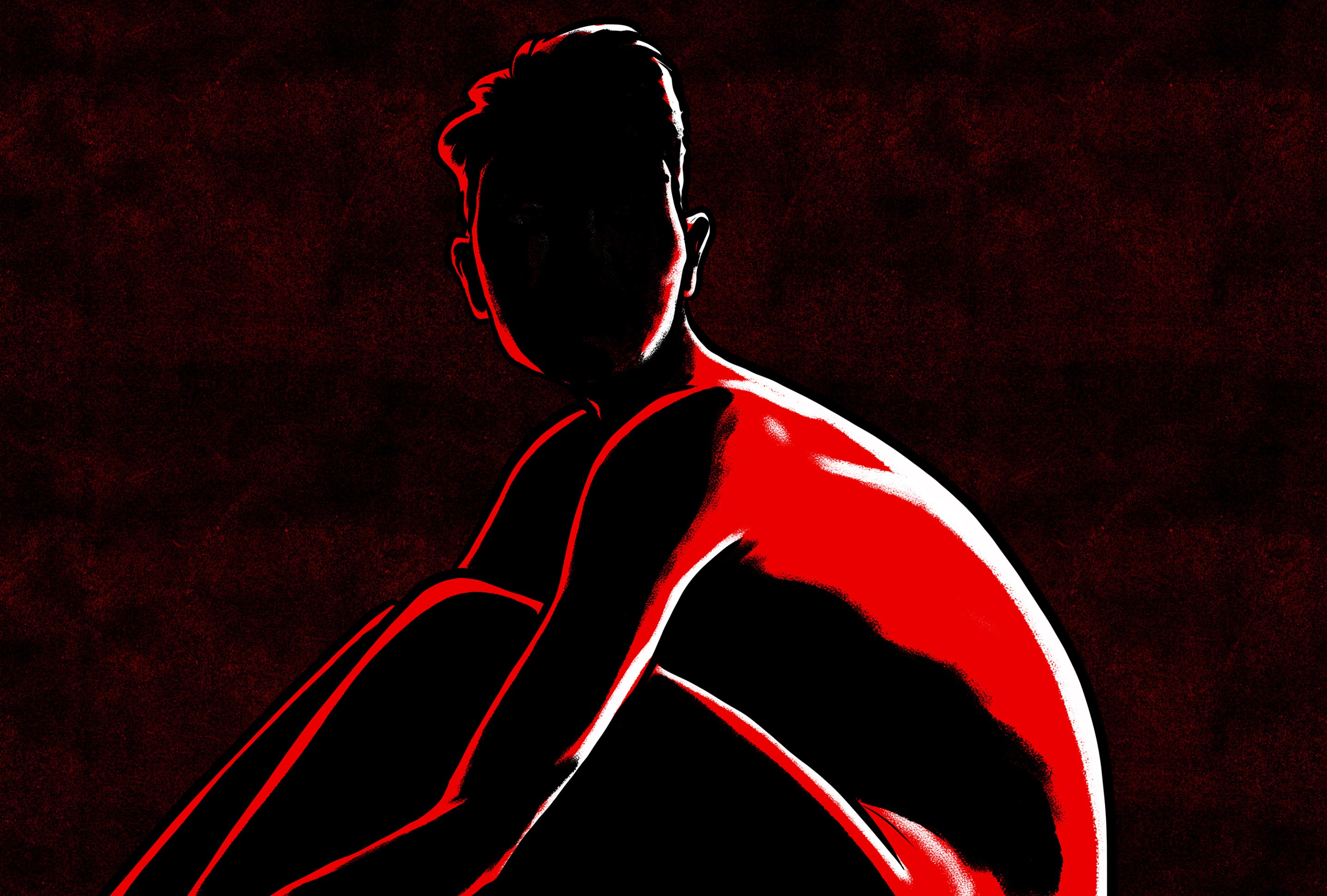 a drawing of a survivor of rape/domestic violence sitting with their chest to their knees