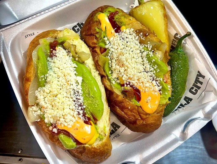 2 Sinaloan Dogos (hot dogs) from La Mochila City. in a white foam box