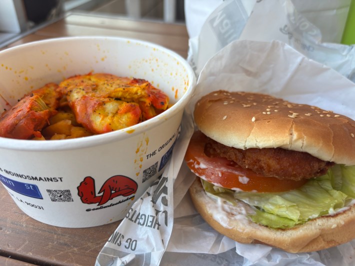 (left) a bowl of food with fries and chicken, (right) crispy chicken sandwich