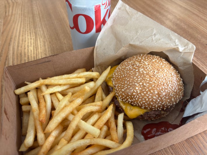 fries, burger, and diet coke can