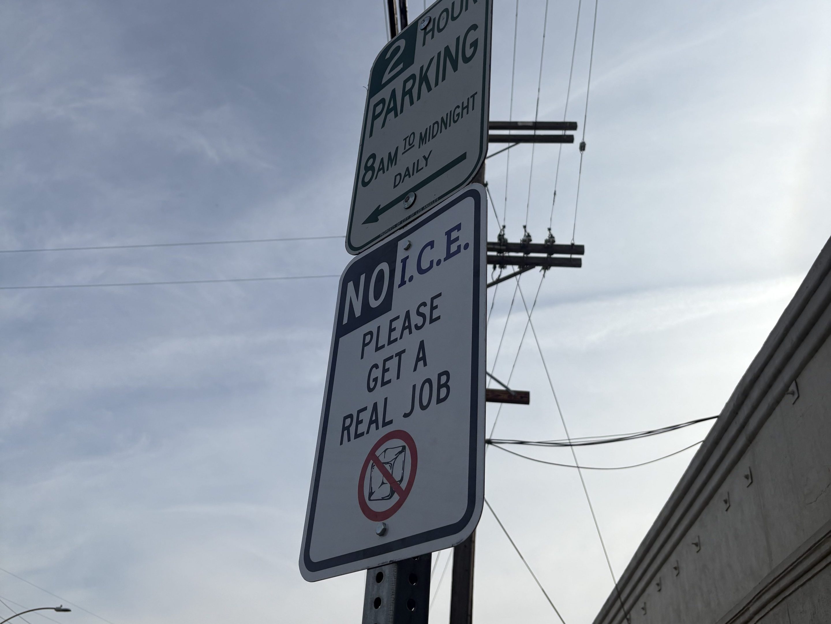 a sign in the style of a parking sign: "NO I.C.E. PLEASE GET A REAL JOB"