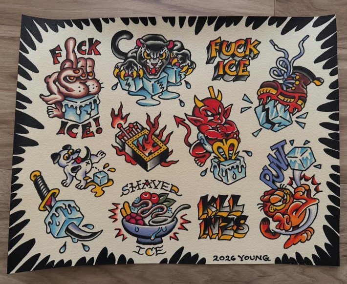 a flash sheet of tattoos showing various ice blocks being destroyed