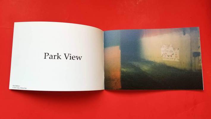 A zine spread out on a red background.