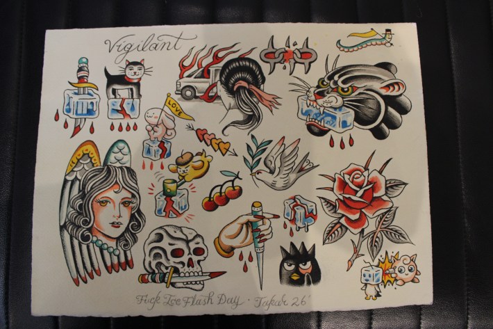 a flash sheet artwork like a panther with a block of ice in its mouth, a dagger piercing an ice block, and Jigglypuff using a weapon on an ice block target