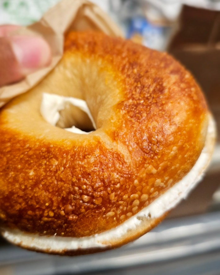 Close up of a plain bagel with cream cheese.