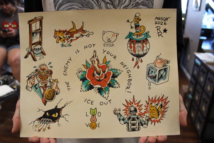 a flash sheet showing an ice cube being guillotined, Pikachu electrocuting a federal agent, and a man holding a money bag and gun to his head