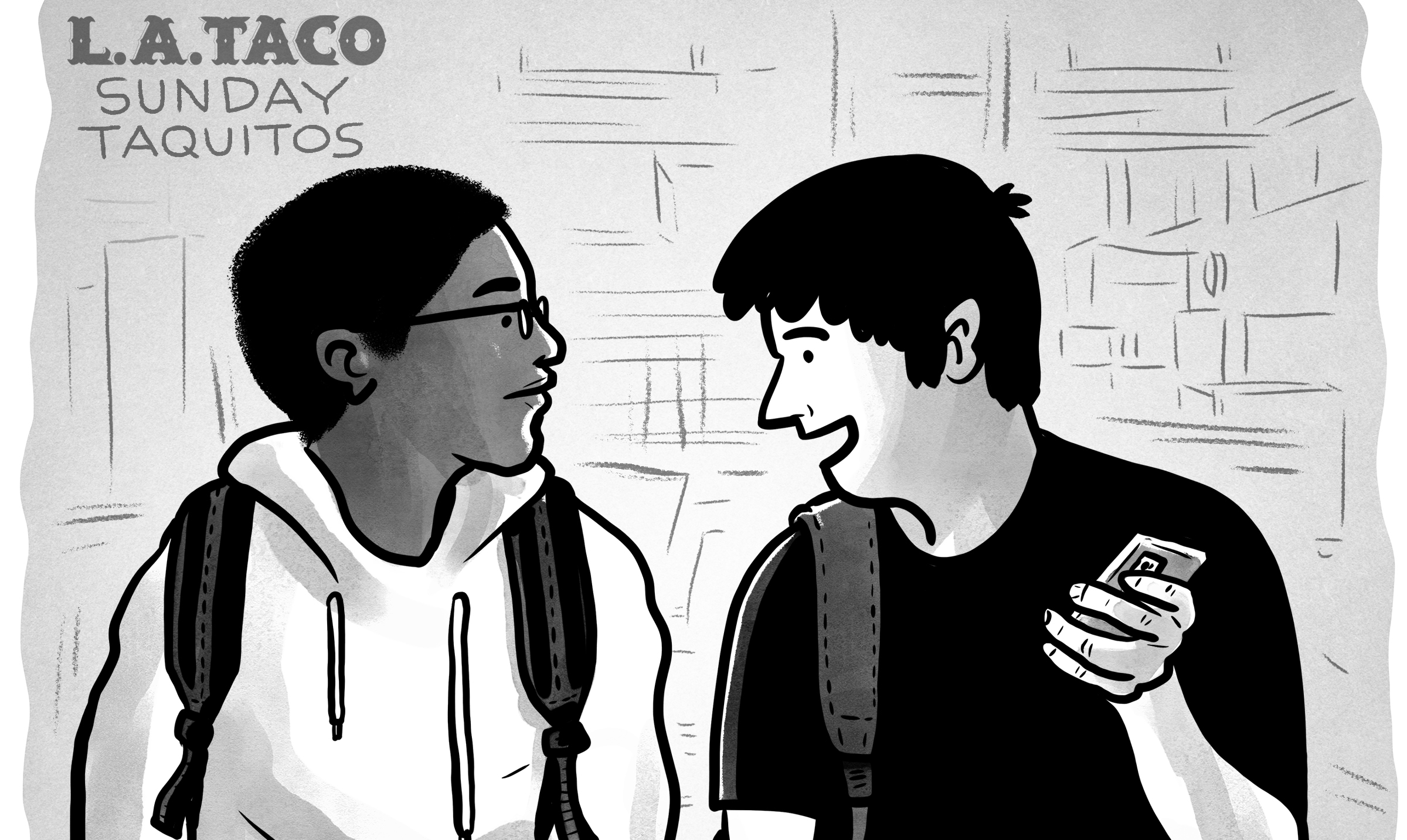 a cartoon of two boys wearing backpacks speaking to one another