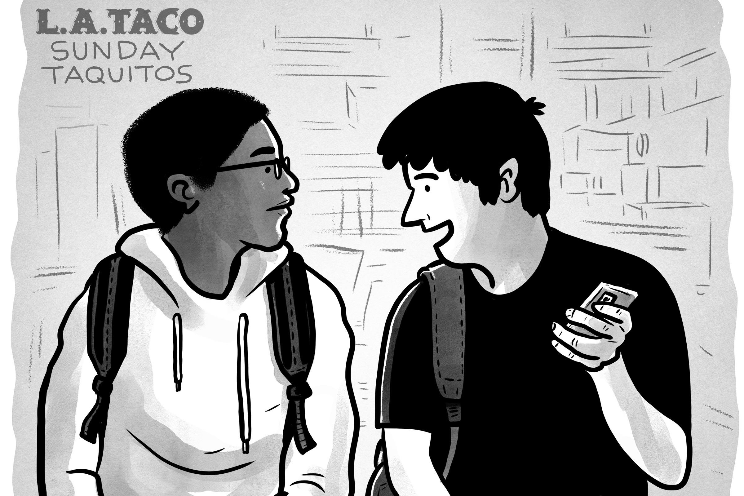 a cartoon of two boys wearing backpacks speaking to one another