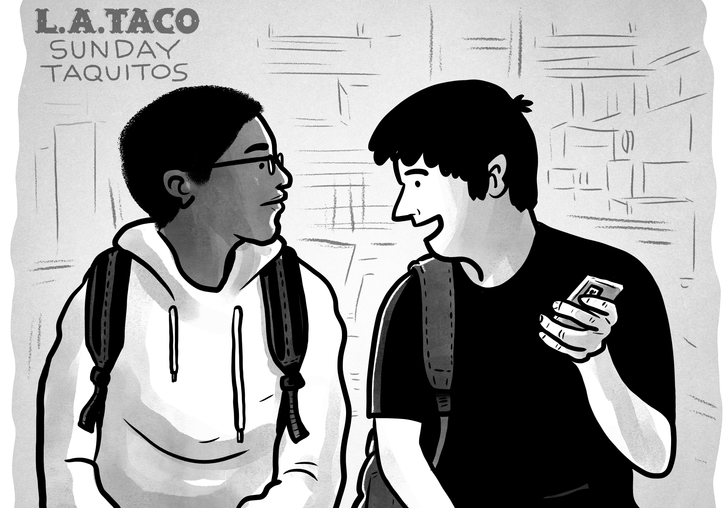 a cartoon of two boys wearing backpacks speaking to one another