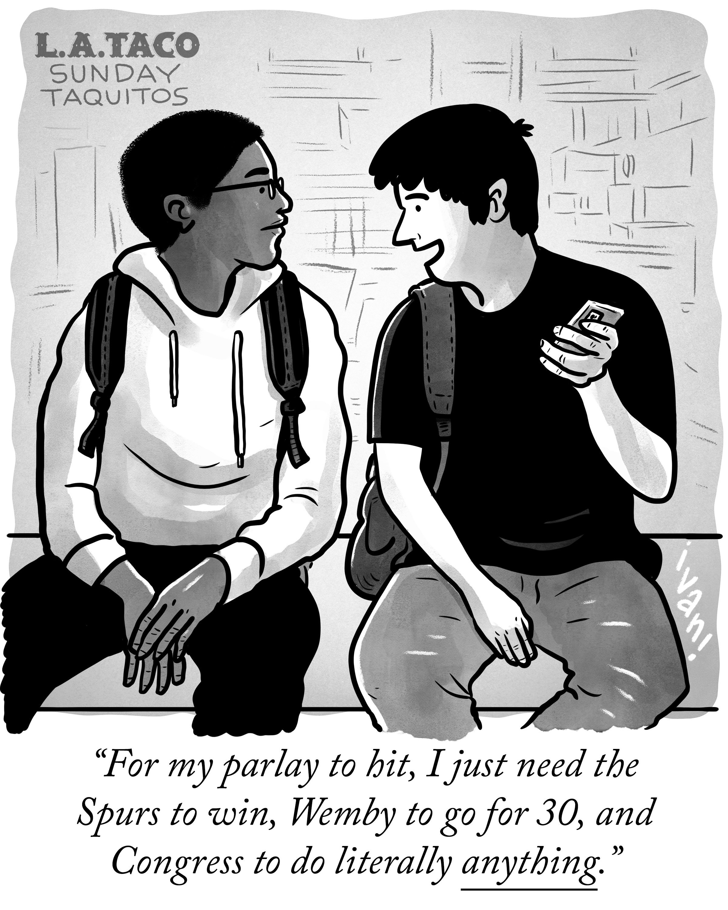 a cartoon of two boys wearing backpacks speaking to one another