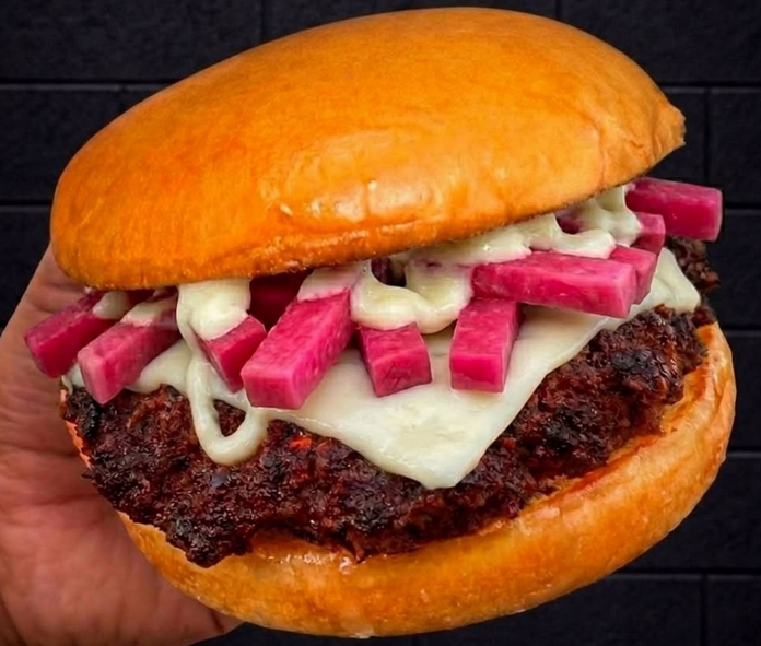 A basturma burger with pickled turnips and white cheese from Blacktop Smash