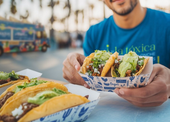 A man in a blue t0shirt holds a cartn with two tacos, as two tacos sit in the foreground and a food truck is blurry behind him