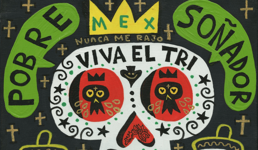 a painting showing three skulls with a colorful background featuring Spanish text, smaller skulls, and th heading Pobre Sonador and "Before I Die" on the bottom