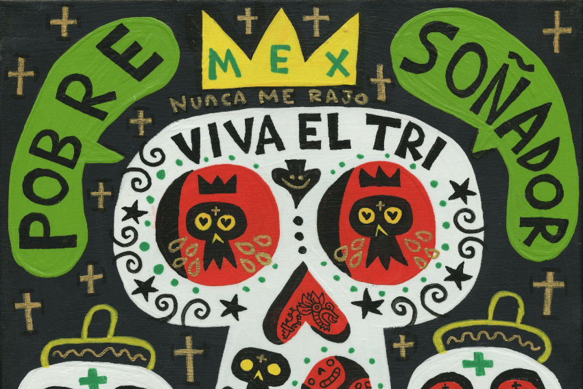 a painting showing three skulls with a colorful background featuring Spanish text, smaller skulls, and th heading Pobre Sonador and "Before I Die" on the bottom
