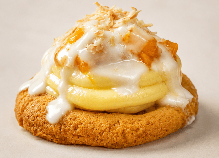 a light orange cookie topped with coconut cream, coconut sauce, chopped mangos, and toasted coconut