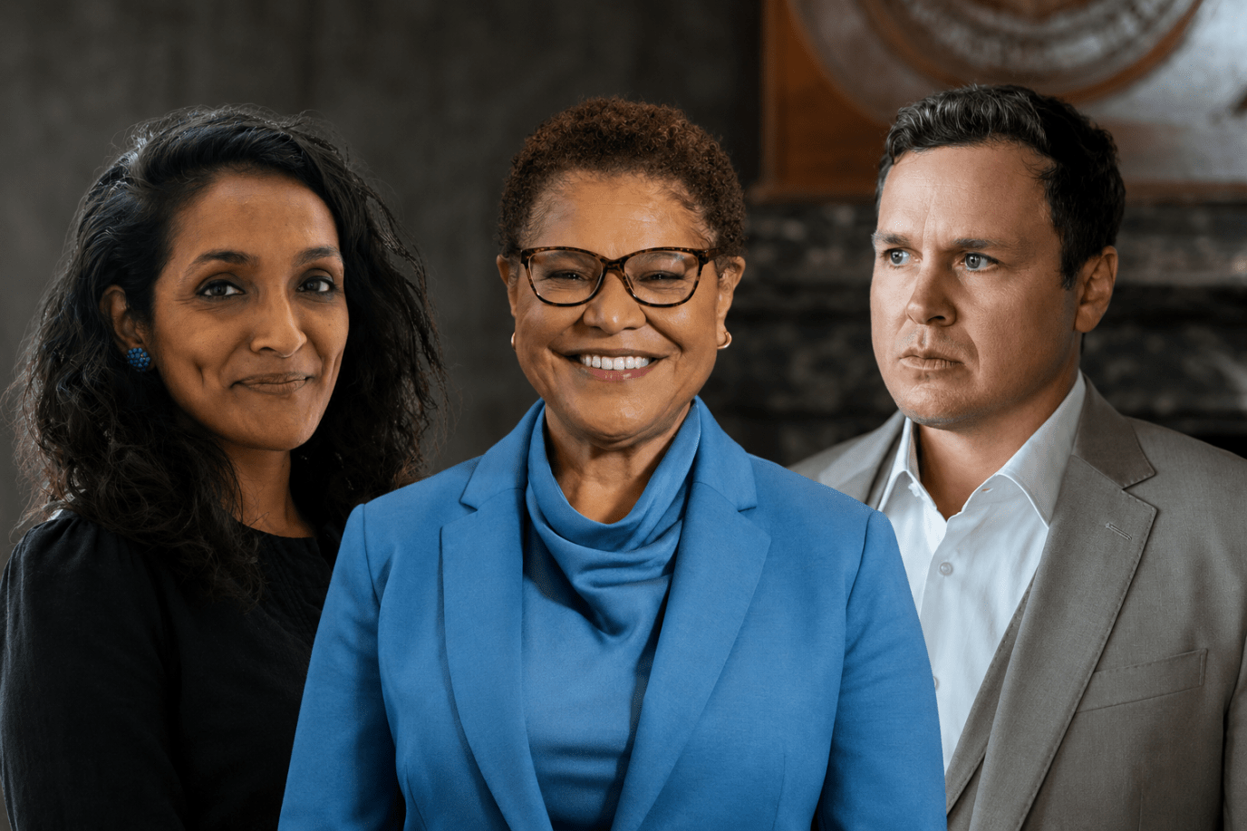 Nithya Raman, Karen Bass, and Spencer Pratt depicted standing next to each other in a composite photo we made