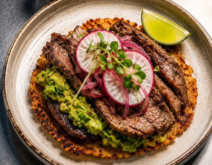 A plated, open-face taco with ribeye, red onions, microgreens, and radishes next to a wedge of lime