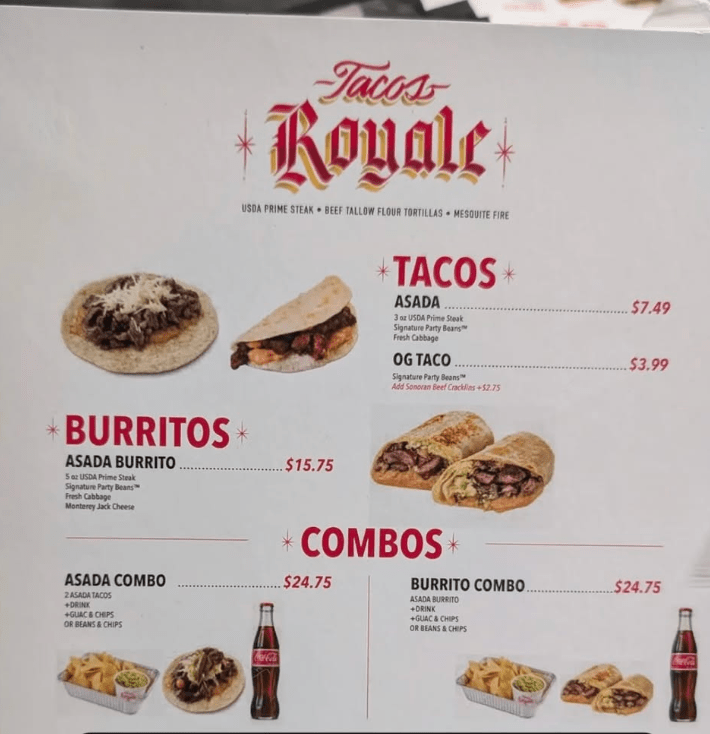 The menu at Tacos Royale.