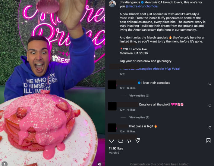 a screenshot of a man with pink pancakes and positive comments