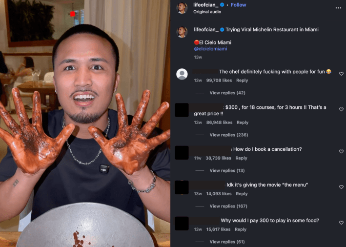 a screenshot of a man with chocolate on his hands and comments mocking the restaurant he is at
