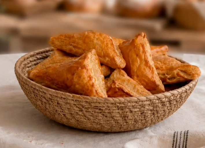 A pile of khachapuri puff pastry in a woven basket